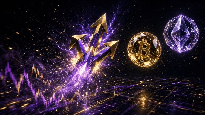 A stylized digital art piece featuring a shattered purple crystal, a gold Bitcoin coin, and a purple Ethereum logo floating above a futuristic trading chart background.