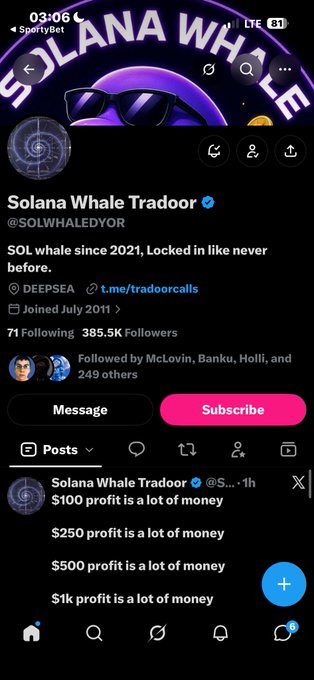 A screenshot of an X (Twitter) profile for 'Solana Whale Tradoor' (@SOLWHALEDYOR), a verified account with 385.5K followers, bio reading 'SOL whale since 2021, Locked in like never before,' and recent posts highlighting profit thresholds.