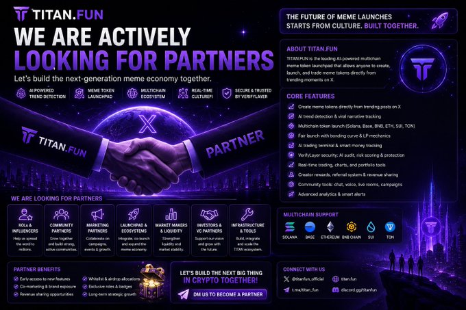 The image depicts a poster with two hands shaking over each other against a purple background, conveying the message of partnership or collaboration for the TITAN.Fun ecosystem. This design element, along with other elements such as logos and text on the poster, are related to the content of the accompanying post, which highlights the need for strategic partners in various capacities within the ecosystem. The post discusses the importance of building the next generation of meme-enabling technologies together while leveraging pre-existing communities and market ecosystems.