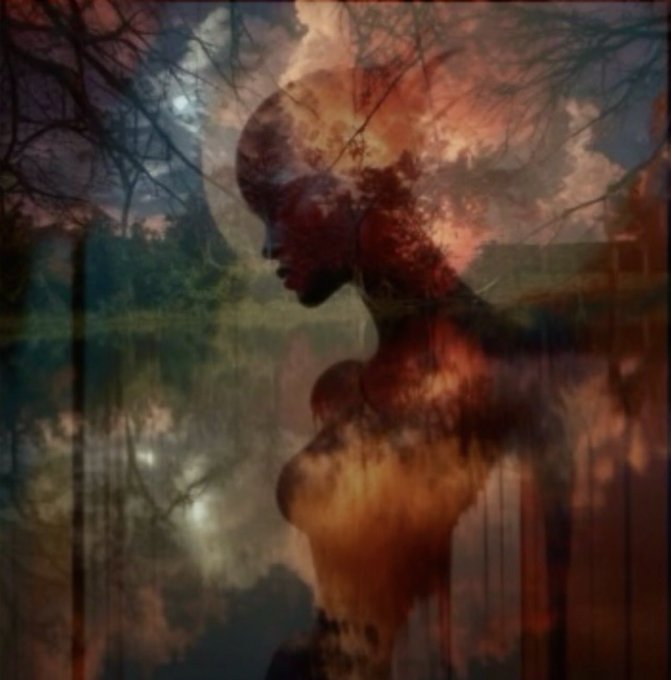 A double-exposure style image blending a silhouette of a woman with warm autumn trees, creating a moody, ethereal atmosphere.