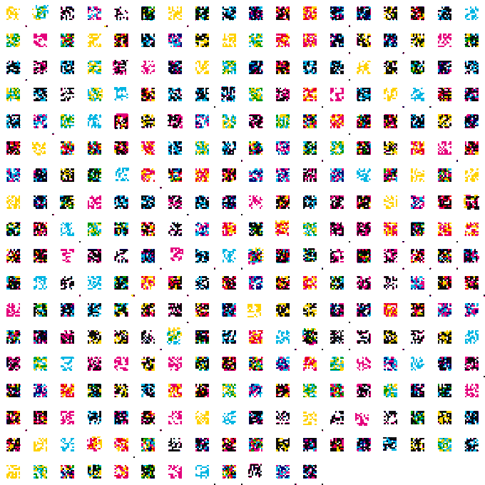 A dense grid of small, colorful pixel art sprite characters arranged in rows and columns on a white background.