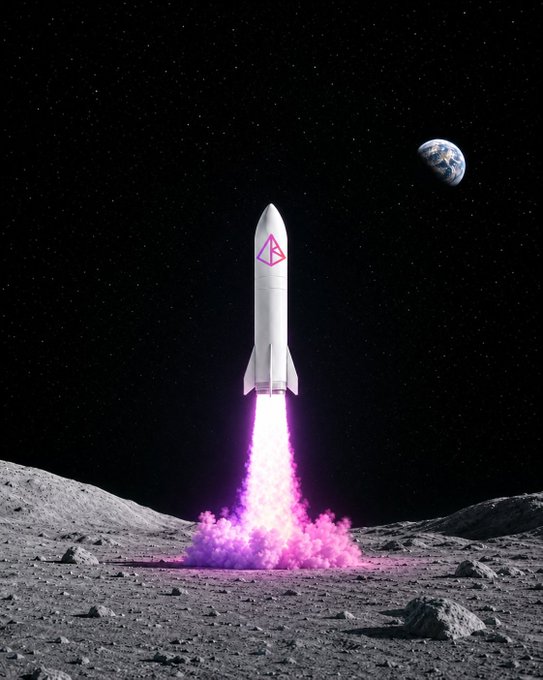 A retro-futuristic rocket emblazoned with a pink "AB" logo lifts off from a lunar surface, its vivid purple-pink exhaust trail blazing against the star-filled sky while Earth hangs in the distance—capturing the "going parabolic" excitement of the viral AB token project.