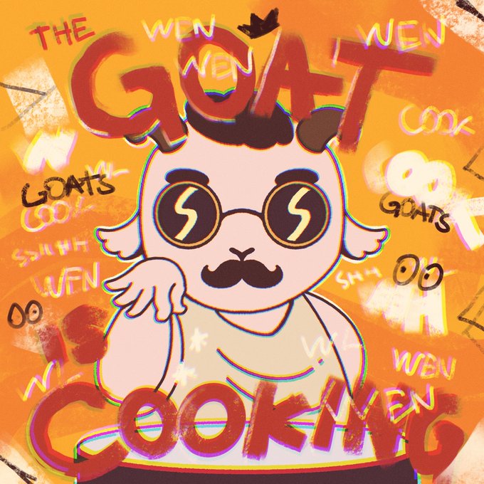 An illustrated meme with the text 'THE GOAT WEN COOKING' repeated in graffiti style, featuring a cartoon character with a mustache and glasses with lightning bolt lenses.