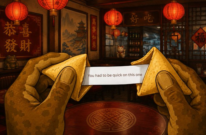 Two fortune cookies are cracked apart on a traditional Chinese restaurant table, revealing the slip of paper inside that reads "You had to be quick on this one" — a playful nod to the quick-snipe nature of the HYPNO token airdrop giveaway.