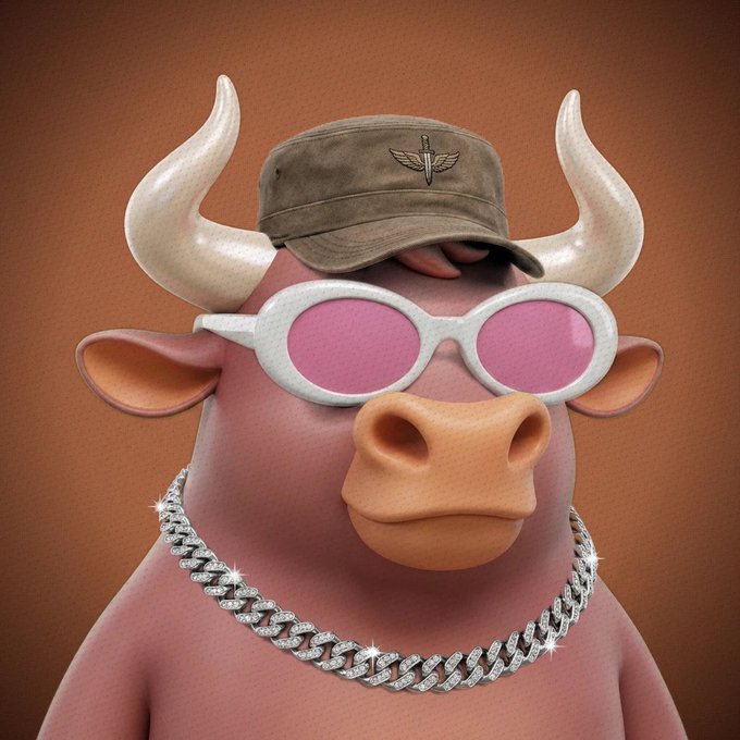 A 3D-rendered pink bull wearing a military cap, pink-tinted sunglasses, and a sparkling diamond cuban chain necklace. The image showcases the "Iced Cuban Chain Bull" NFT, matching the post's listing of one of nine on MagicEden for 30 SOL.