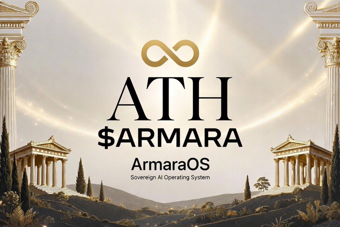 Elegant promotional graphic for 'ATH $ARMARA - ArmaraOS Sovereign AI Operating System' featuring classical Greek/Roman columns and an infinity symbol against a serene landscape.