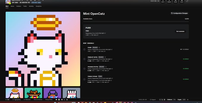 A minting page for 'OpenCatz' NFT collection, displaying a pixel art cat character with a halo as the 'PUURR' rarity tier, with a mint schedule and 5,000 available items.
