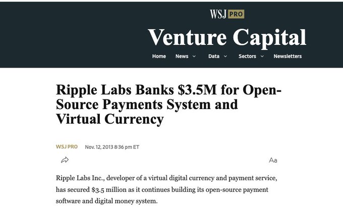 A screenshot of a November 12, 2013 WSJ Pro Venture Capital article headlined "Ripple Labs Banks $3.5M for Open-Source Payments System and Virtual Currency," illustrating Ripple's early-stage funding milestone that contrasts with its later expansion into prime brokerage, custody, stablecoins, tokenization, capital markets, and a pending U.S. national trust bank charter.