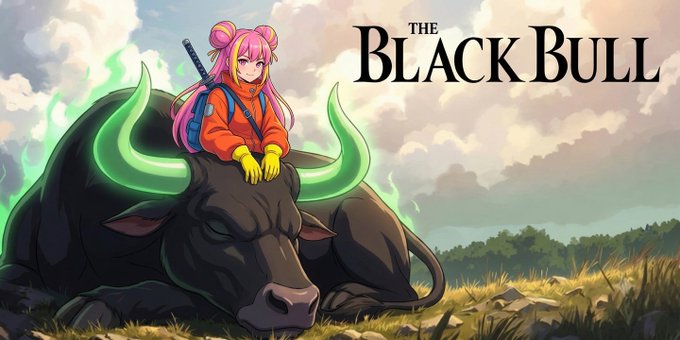 Anime-style artwork featuring a pink-haired girl sitting on a black bull with glowing green horns, labeled 'The Black Bull'.