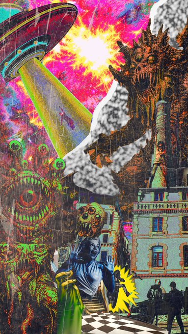 Vibrant, chaotic digital art collage featuring a UFO beaming green light, a giant monstrous creature, skulls, a screaming face, and various surreal elements against a pink and red sky.