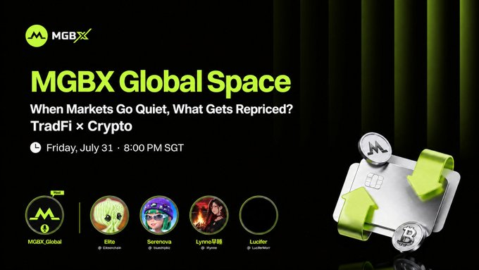 A promotional graphic for 'MGBX Global Space' titled 'When Markets Go Quiet, What Gets Repriced? TradFi × Crypto' scheduled for Friday, July 31 · 8:00 PM SGT, featuring speakers MGBX_Global, Elite, Serenova, and Lynn李扬.