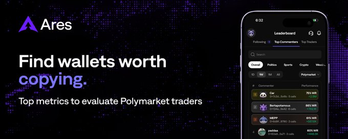 An advertisement for 'Ares' showing a smartphone interface for tracking Polymarket traders, with the text 'Find wallets worth copying. Top metrics to evaluate Polymarket traders.'