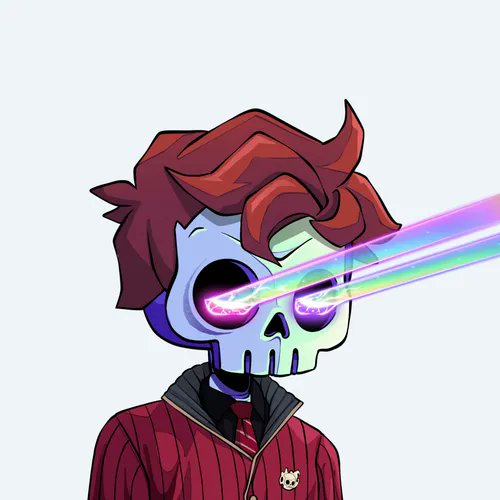 A cartoon illustration of a character with red hair wearing a skull mask emitting rainbow-colored laser beams from its eyes.