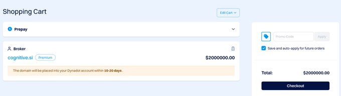 A shopping cart screen for a domain broker service showing a pending purchase of 'cognitive.si' for $2,000,000.00.