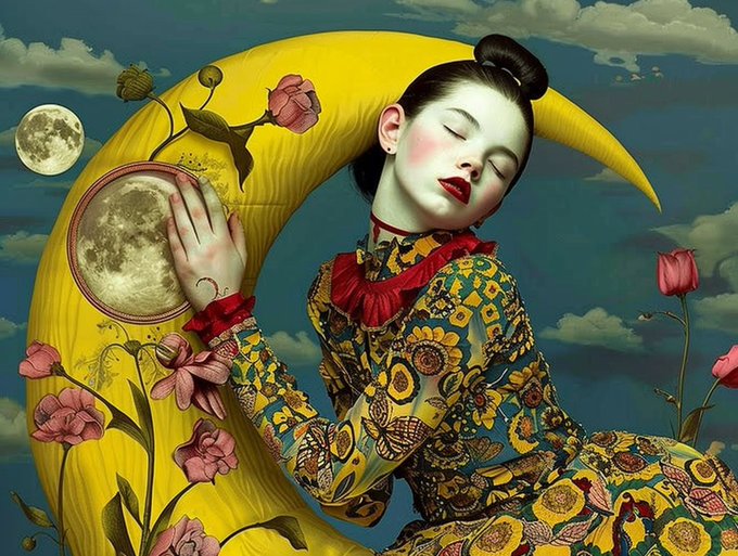 A surreal digital artwork depicting a woman in an ornate floral dress sleeping against a large yellow crescent moon, holding a smaller moon in her hand, surrounded by pink flowers.