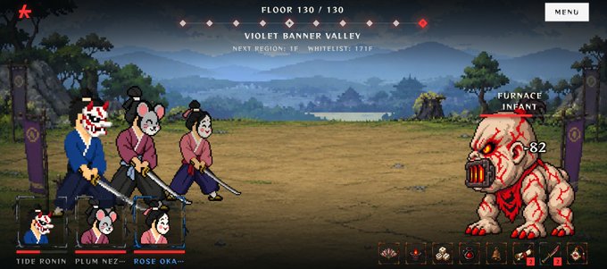 A video game battle screen displays 'FLOOR 130 / 130' and 'VIOLET BANNER VALLEY' at the top, showing characters 'TIDE RONIN', 'PLUM NEZ...', and 'ROSE OKA...' fighting a 'FURNACE INFANT' enemy.