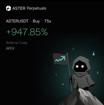 An advertisement for ASTER Perpetuals shows ASTERUSDT Buy with 75x leverage and a +947.85% gain, featuring a hooded figure mascot holding a chart flag and a referral code 'APEX'.