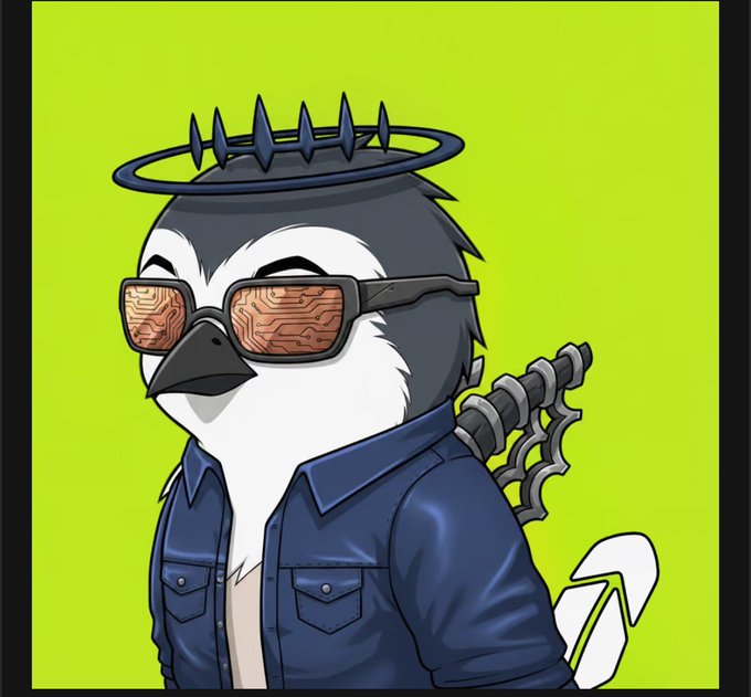 A cartoon illustration features a penguin character wearing orange circuit-board patterned sunglasses, a spiked halo, and a blue denim jacket against a neon green background.