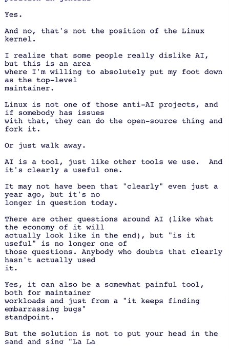 The image shows an excerpt of a text post in which the author, appearing to be a Linux kernel maintainer, defends the use of AI as a useful tool and rejects the idea that Linux should be an "anti-AI project," encouraging detractors to fork the project or walk away instead.