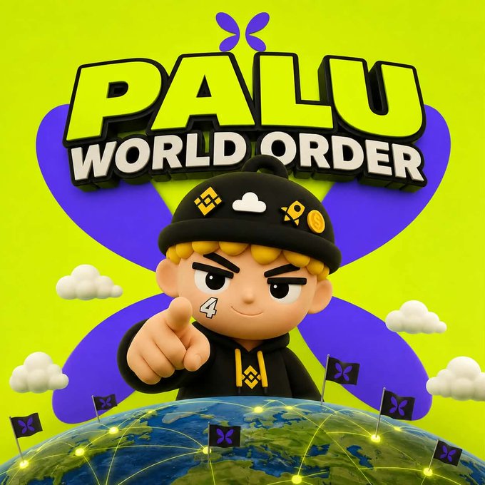 A promotional graphic for "PALU WORLD ORDER" featuring a 3D cartoon character in a black hoodie pointing forward, set against a bright yellow and purple background with flags planted on a globe.