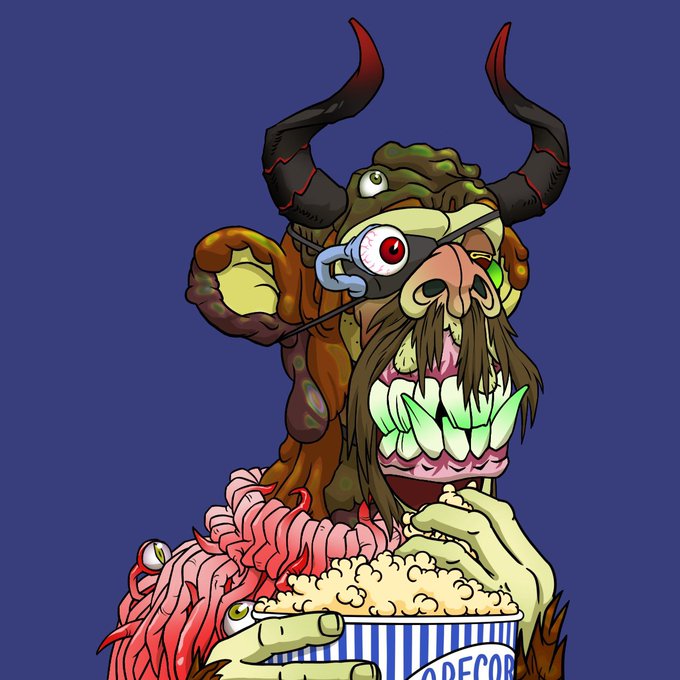 A colorful illustration of a monstrous creature with horns and a mustache eating popcorn from a striped bucket against a dark blue background.