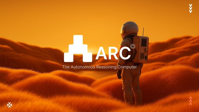 Promotional artwork featuring an astronaut standing in an orange desert landscape, with the logo 'ARC - The Autonomous Reasoning Computer' displayed in the center.