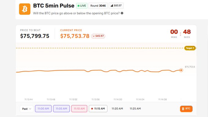 The image features a screenshot of a trading platform's BTC 5Min pulse markets, showcasing its functionality, including the feature that allows users to monitor price movements without incurring any fees. The platform offers an early opportunity for a niche market focused on high-frequency trading, where users can earn points by placing successful bets and use them to bet on future price movements of Bitcoin. The post displays this information in a clean, simple layout, with the title at the top followed by bullet points that further explain the features and benefits of using this particular platform for trading Bitcoin.