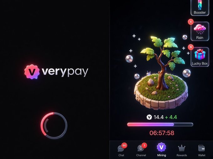 The image shows a VeryPay app interface with the company's pink and purple "V" logo on the left, alongside a screen displaying a 3D tree on a circular grass platform surrounded by bubbles, with a 12-hour mining timer showing "06:57:58" remaining and rewards of "14.4 + 4.4." Menu options at the bottom include Chat (60 notifications), Channel (3), Mining, Rewards, and Wallet, while side icons highlight features like Booster, Rain, and a Lucky Box notification, illustrating the broader Web3 ecosystem mentioned in the post.
