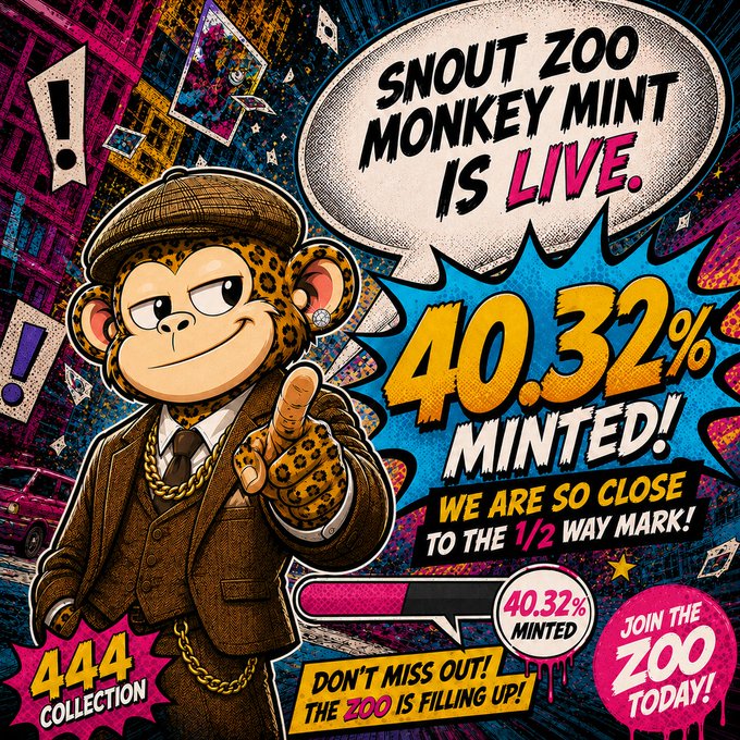 A colorful promotional graphic for "SNOUT ZOO MONKEY MINT IS LIVE" featuring a cartoon monkey character in a detective-style coat and hat, announcing "40.32% MINTED" and "WE ARE SO CLOSE TO THE 1/2 WAY MARK!" from "444 COLLECTION".