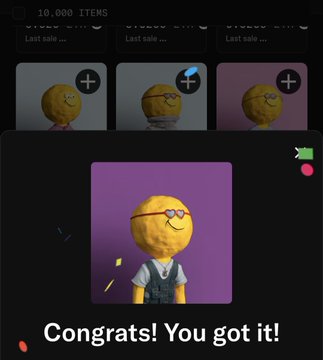 A mobile app screen displays a 'Congrats! You got it!' message after collecting an item, showing a yellow smiling potato character with glasses and a vest against a purple background.