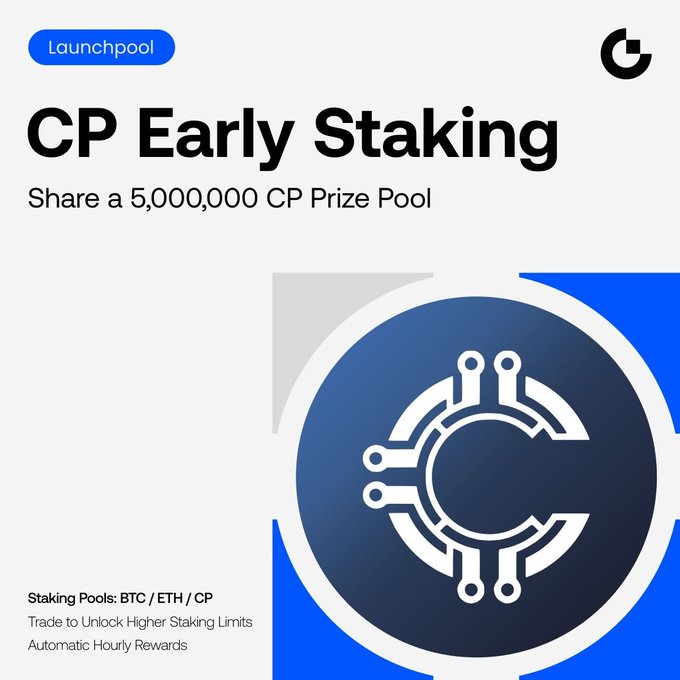 Promotional image for Launchpool's "CP Early Staking" featuring a stylized blue "C" logo with circuit-board design elements, advertising a 5,000,000 CP prize pool and supporting BTC/ETH/CP staking pools with hourly rewards.