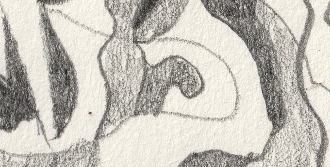A close-up pencil sketch on textured paper showing abstract dark shaded shapes with flowing, curved lines.