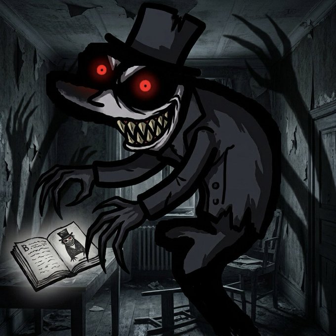 A dark, cartoon-style illustration of a sinister figure in a black top hat and suit with glowing red eyes and sharp teeth, looming over an open book in a decaying, shadowy room.