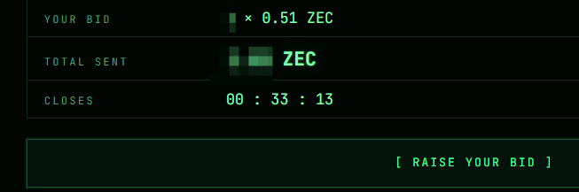 The image shows a Zcash (ZEC) auction interface displaying a bid of 0.51 ZEC, a total amount sent, and a countdown timer showing 00:33:13 until close, with a "RAISE YOUR BID" option. This aligns with the post about stuffing bids into the 0.51 ZEC auction to secure quota while maintaining a strategy to also compete at 0.22 by volume.