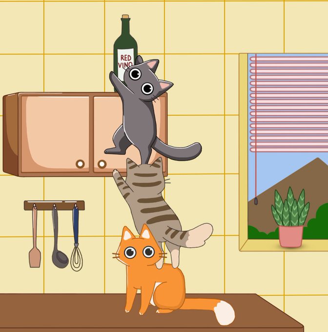 A digital illustration of three cats stacked on top of each other in a kitchen, with the top gray cat reaching for a bottle labeled "RED VINO" on a cabinet, alongside kitchen utensils and a window with blinds.