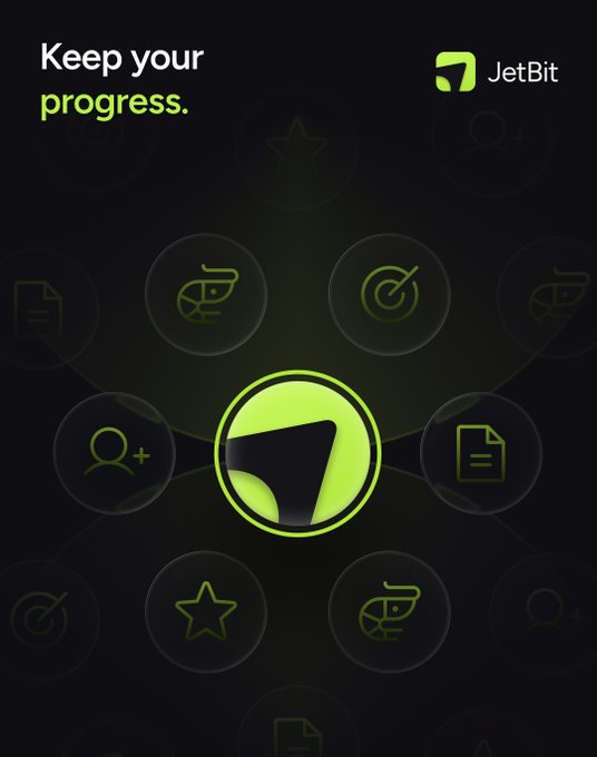 The image features a dark background with a central glowing green circular logo containing a black funnel/arrow shape, surrounded by smaller circular icons depicting a mix of trading-related symbols (charts, targets) and gamified progress elements (stars, user-plus icons, documents). The text "Keep your progress." appears in the top-left corner with "progress." highlighted in green, while the "JetBit" brand name and logo sit in the top-right. This visual reinforces the accompanying message by illustrating how JetBit transforms trading into a multi-faceted progression system where activities like daily quests, streaks, bounties, referrals, and whale ranks interconnect around the central JetBit hub, ensuring users accumulate and track their JB earnings well beyond individual trades.