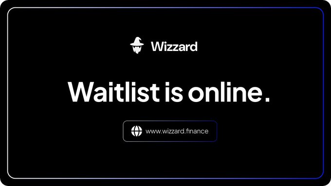 A dark promotional graphic features the Wizzard logo and the text 'Waitlist is online.' with a button linking to www.wizzard.finance.