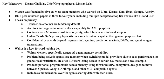 Key Takeaways notes from Mysten Labs' Chief Cryptographer Kostas Chalkias detail the team's ex-Meta Libra origins, Sui's privacy features, and Walrus Memory targeting AI agent memory portability.