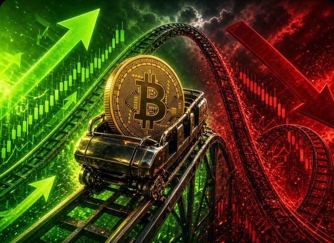 A vibrant graphic depicting a golden Bitcoin coin in a mine cart on a roller coaster track, with green upward arrows and a red downward arrow, symbolizing cryptocurrency market volatility.