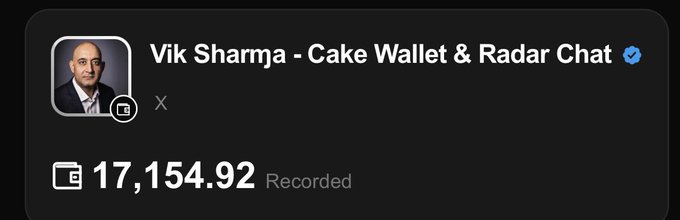 A verified Twitter/X post by Vik Sharma (@vikrantnyc) shows a recorded payment receipt of 17,154.92, documenting the first available claim on $CAKE made through @UsePaid, with fees directed to the Monero Development Fund $XMR.