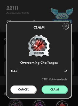 A mobile app screen showing a 'CLAIM' achievement popup for 'Overcoming Challenges' with 22111 achievement points available, with 'CANCEL' and 'CLAIM' buttons.