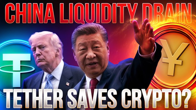 The thumbnail visually represents the post's title, featuring Donald Trump and Xi Jinping alongside the Tether (USDT) logo and a Chinese Yen symbol, all under the prominent text "CHINA LIQUIDITY DRAIN" and "TETHER SAVES CRYPTO?".