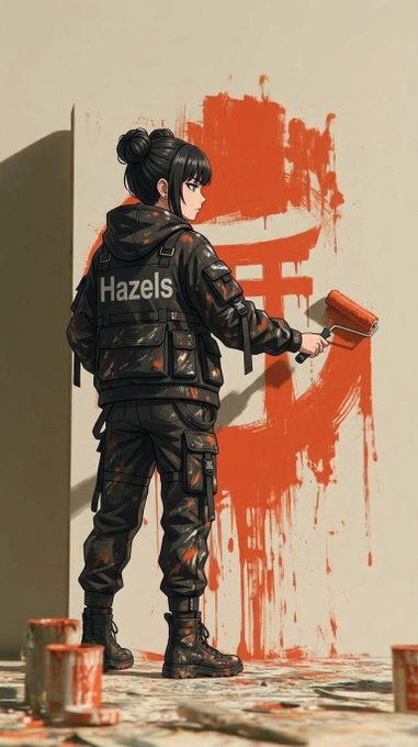 A figure wearing a black tactical vest labeled "Hazels" uses a paint roller to apply bold red strokes across a canvas, visually embodying the artistic spirit of "WEAREHAZELS" from @0xhazels.