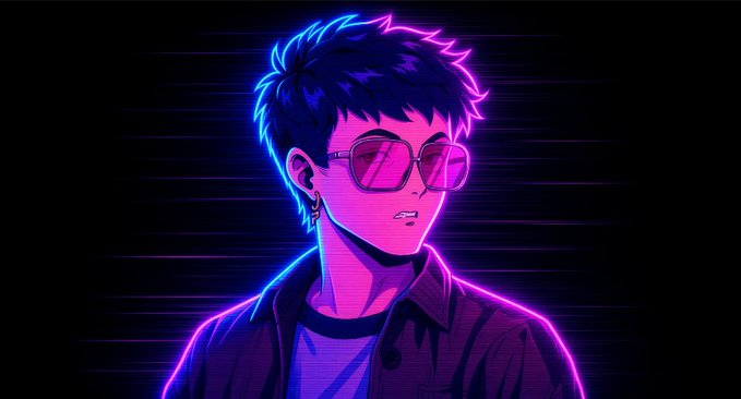 A neon-styled anime illustration of a young man with messy hair, pink-tinted sunglasses, and an earring, set against a dark background with horizontal purple and blue light streaks.