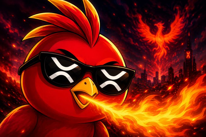 A fiery red phoenix with cool sunglasses (displaying the XRP/X logo) breathes a massive stream of flames over a burning cityscape, symbolizing a dramatic rise or rebirth — perfectly capturing the "let them watch the flames" hype post for the $PHNIX token.