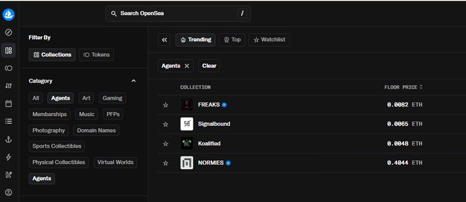 OpenSea marketplace interface showing Trending NFT collections in the Agents category: FREAKS (0.0082 ETH), Signalbound (0.0065 ETH), Koalified (0.0048 ETH), and NORMIES (0.4044 ETH).