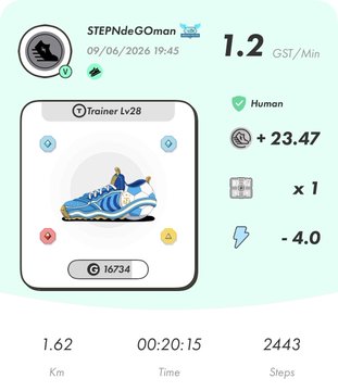 The image shows a fitness tracking app with a blue shoe displayed, along with other details such as the time of day, steps taken, and distance traveled. The post appears to be about a fitness challenge or goal, possibly related to running or exercise in general.