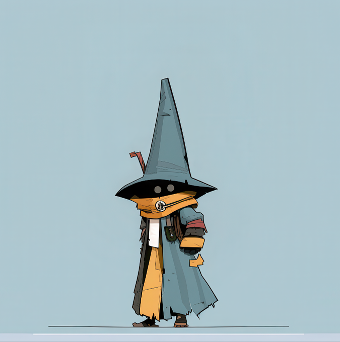 A cartoon-style character illustration of a small, cute figure wearing an oversized pointed wizard/witch hat and a long teal coat with orange trim, set against a plain light blue background.