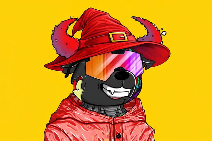 Cartoon illustration of a black dog wearing a red witch hat, red jacket, and futuristic reflective goggles against a yellow background