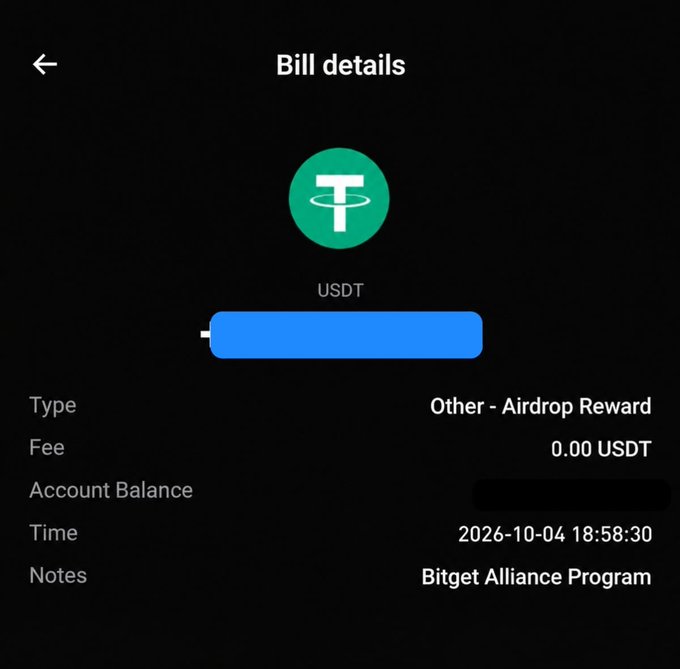 A mobile screenshot displays a 'Bill details' page for a USDT cryptocurrency transaction via the Bitget Alliance Program, showing an airdrop reward, zero fees, and a timestamp of 2026-10-04 18:58:30, with the account balance redacted.